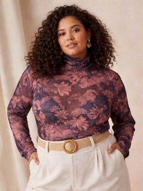 Anthropologie cedar brown floral mesh turtleneck mock neck top size 2X sheer